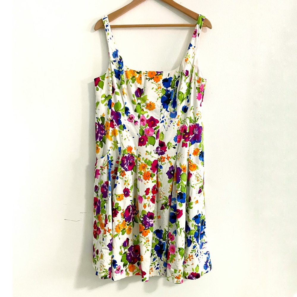 American Living • colorful floral fit and flare dress pleats cotton • 16